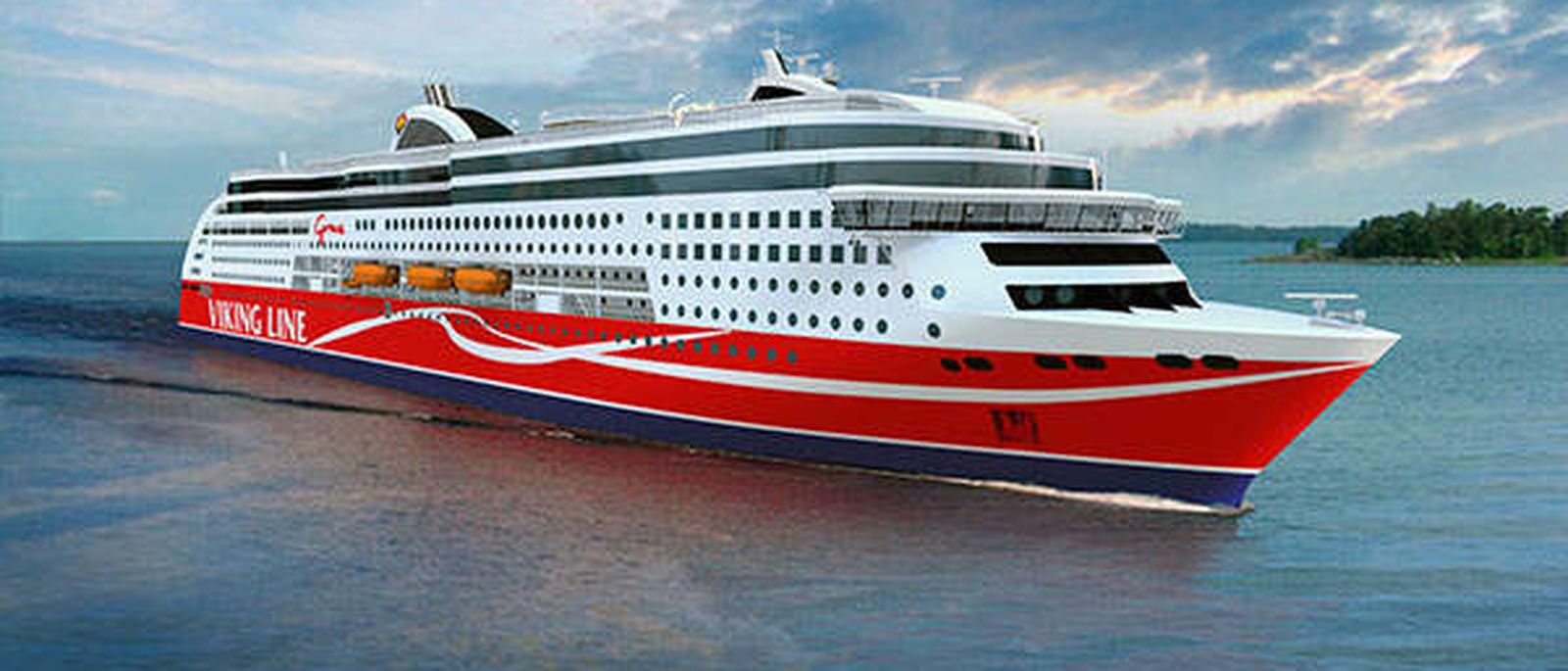 A passenger ferry under way in coastal water.